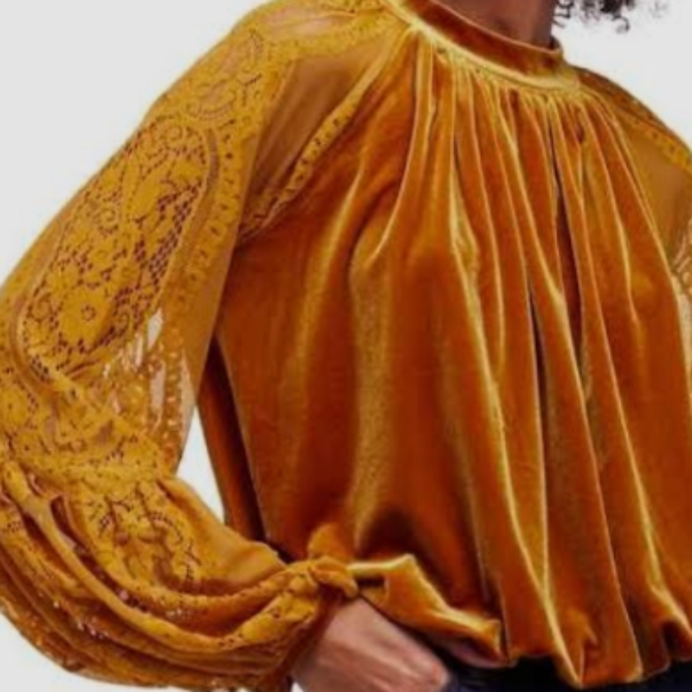 Free People Mustard Velvet Lace Blouse - Picture 2 of 6